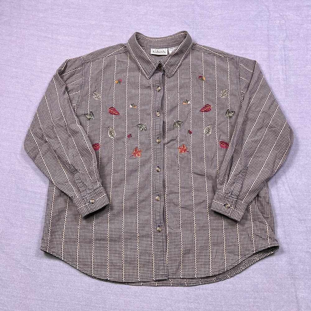 Basic Editions Gingham Embroidered Leaves Button Up Shirt Womens L Beige Cotton